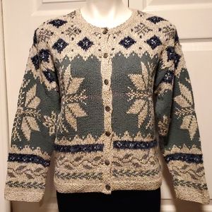 Robert Scott Women's Knitted Gray/Green Snowflake Button-Down Sweater - Small
